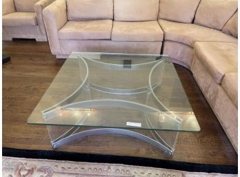 Glass Top Coffee Table, Metal & Lucite/Plastic Base, Some Pitting, 42'x42'