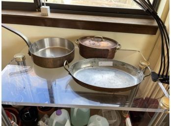 Lot Of (3) Pieces Of Copper Cookware; 11' Sauce Pan, 16' Double Handle, 10.5' Covered Pot