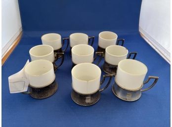 Huttl Tivadar Budapest Demitasse Cups With Silver Plate Base, Some Chips & Cracks