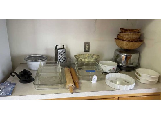 Lot Of Kitchen Ware Including, Rolling Pin, Glass Cookware, Graters, Basket, Misc