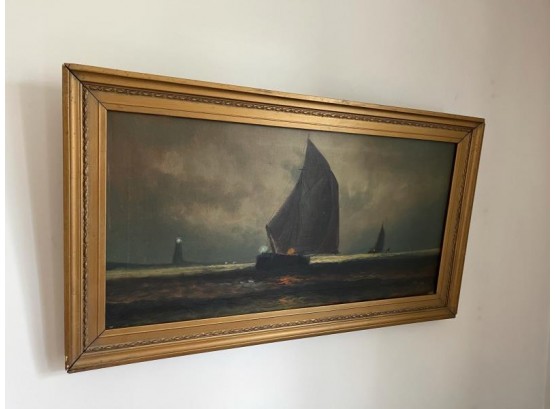 Pinting, Oil On Canvas, Sailboat With Lighthouse, Signed L.R. Rinny (?) 11.5x23.5