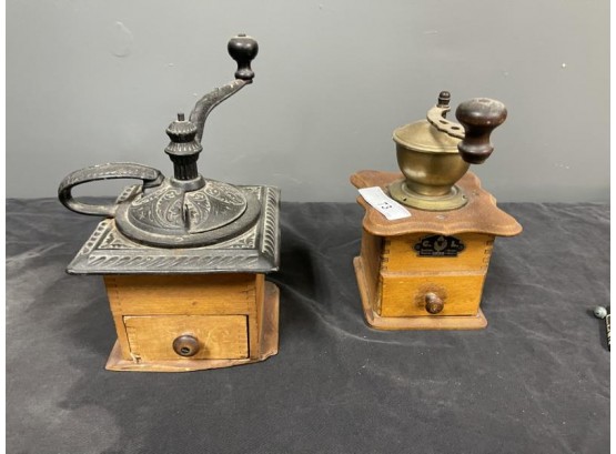 Two Coffee Grinders One Missing Wood From Base, Loose Top