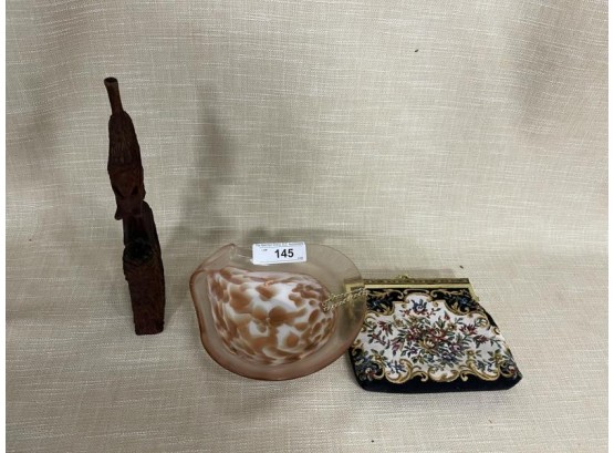 Lot Of:  Glass Dish, Wood Carving, Ladies Purse