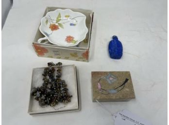 Lot Of Stone With Inlay Box, Necklace That Needs Re-beading, Mikasa Trifoot Small Dish, Blue Asian Perfume Bot