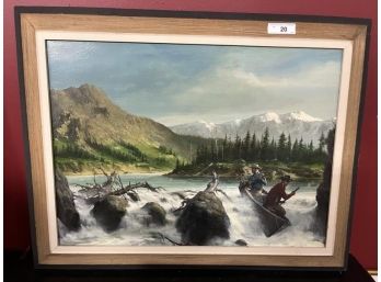 Illistration Oil On Board Of Landscape Oil On Board Of Landscape Of River With Men In Canoe