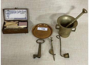 Lot Of Dennison's Jewelry Cleaning Case With Contents, Brass Mortar & Pestle, Bronze Tiffany Plate New York Ci
