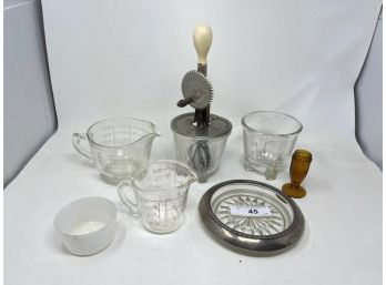 Lot Of Kitchen Glass Ware Including Measuring Cups, Silver Rimmed Ash Tray, Beater