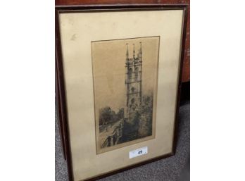 Framed Etching Of Church Matt Discolored, Image 12' X 7' Published WH Meeson, Signed LR W. Monk