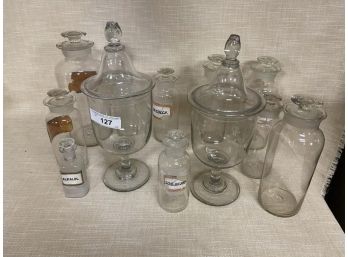 Vintage Apothecary Glassware Lot Of 10 Glass Jars With, Labels In Bad Condition