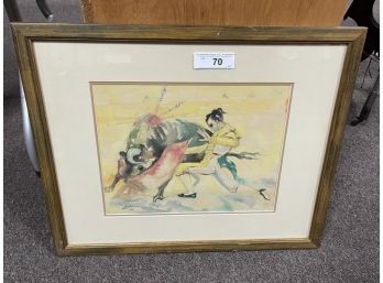 Watercolor Of Bull Fight, Signed Lower Left Lopetegui 1960 22'x18'