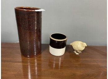 Lot Of Small Decorative Bird, Crock With No Lid, Tall Planter