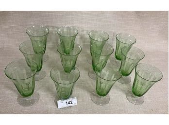 Set Of 12 Green Depression Glasses, Some Rim Chips