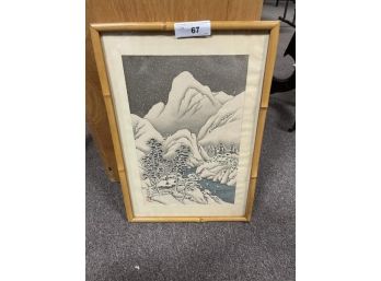 Japanese Woodblock Print Winter Scene 20'x12' Bamboo Frame