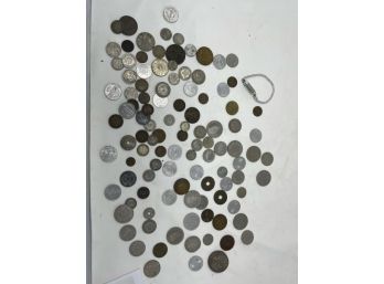 Lot Of Foreign Currency, Coins Mostly German & French, Ladies Swiss Watch Missing Knob