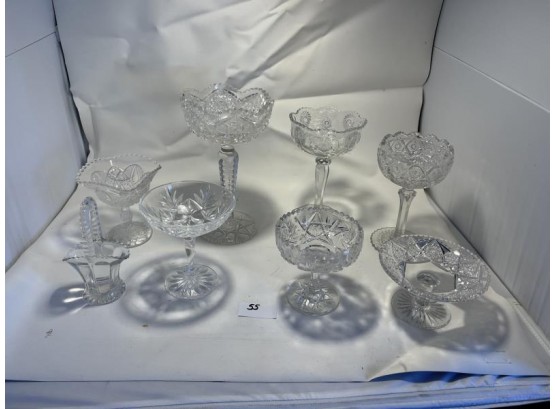 Lot Of 7 Glass Compotes, 1 Glass Basket