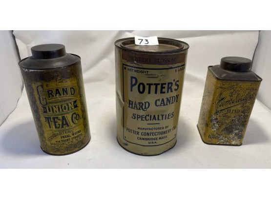 Group Of 3 Tins: Potter's Hard Candy (dented), Grand Union Tea (dented & Paint Loss) Cambridge Coffee