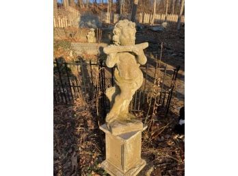 Cement Cherub With Flute Statue With Base