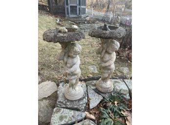 Pair Of Cement Bird Bath With Boy, Some Cracks On Top