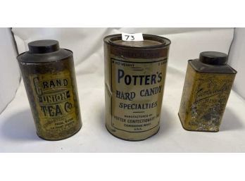 Group Of 3 Tins: Potter's Hard Candy (dented), Grand Union Tea (dented & Paint Loss) Cambridge Coffee
