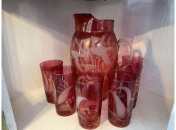 Water Set: Large Pitcher With 6 Glasses, All Etched