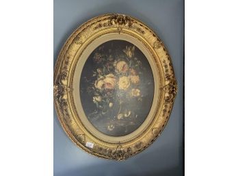 Large Painting Oval Gold Frame With Print Of Flowers 32'x36' Tall