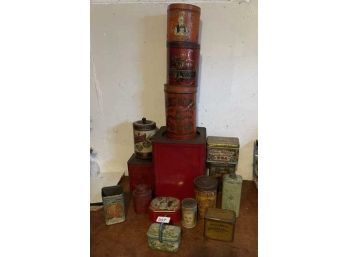 Lot Of 16 Tins, Most Show Scratches & Dents, Postmaster Smokers, Sparkling Gems, Coffee Tin, Bensdorp Cocoa