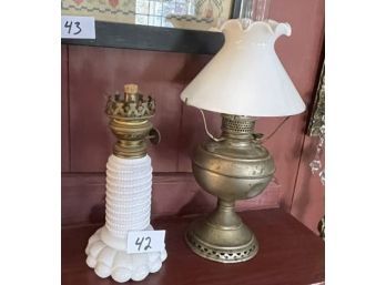 2 Kerosene Lamps, 1 Plated With Shade, 1 Milk Glass With No Shade