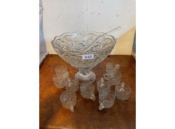 Pressed Glass Punch Bowl Set, 10 Glasses & Ladle