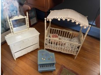 3 Pieces Of Doll Furniture, 1 Baby Doll Plastic Chest, Plastic Canopy Bed, Piano Music Box