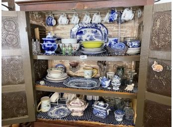 Lot Of Shelves: 2 Platters, Cups, Plates, Bowls (all With Chips & Cracks)