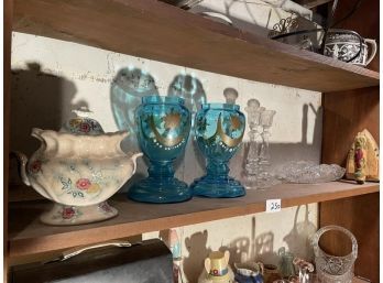 Lot Of Flat Iron, Covered Sugar (damaged), 2 Blue Vases, Pair Of Candle Sticks