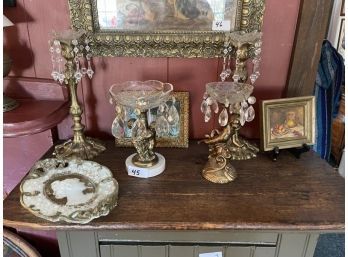 Lot: Pair Of Candlesticks, 2 Compotes, 2 Pictures, Milk Glass Plate