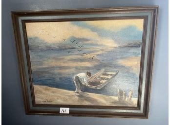 Painting Man With Boat, Signed Lower Right, 20'x15' Tall, Dolle Richter