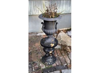 Pair Of Cast Iron Urn W/ Cement Base