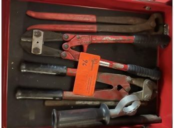 Lot Of Tools - 2 Bolt Cutters And Drill Handle, Wire Cutter