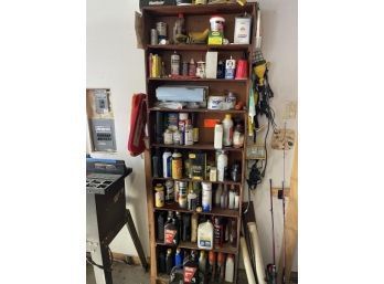 Wooden Shelf And Contents - Battery, Lubricants, Oil, Drop Light, Fishing Pole
