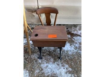 Vintage Child's School Desk And Chair, Wood With Metal Base