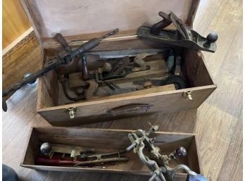 Tool Box And Contents - Bailey No. 5 Plane, Sargent Molding Plane, Parts, Block Planes, Draw Knives, Shoulder