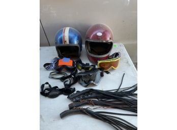 Motorcycle Lot - 2 1960s Helmets, 1 Sovereign Mark III 4 Goggles, 3 Glasses, 6 Face Masks, 4 Pairs Of Leather