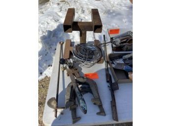 Lot - Horseshoes, Wrench, Augers, Steel Motorcycle Stand