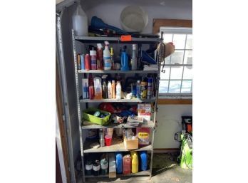 Adjustable Metal Shelf And Contents - Cleaning Supplies, Antifreeze, Funnels, Scrapers, CDs