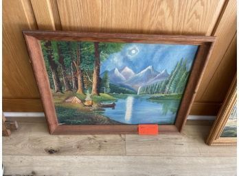 Folk Art Painting By J. Murphy, With Mountain And Trees, Signed Lower Right, J. Murphy, 18' X 23 1/2'