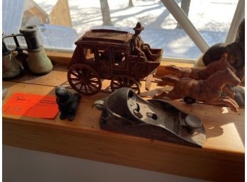 Lot - Cowboy Sculpture, Indian Bookend, Stagecoach, Stanley Plane, Grindstone