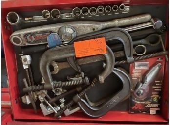 Lot Of Tools - C Clamps, Torque Wrench, Partial Socket Set, Large Wrenches