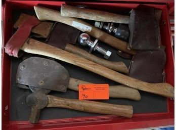 Lot Of 7 Hatchets And 2 Trailer Hitch Balls