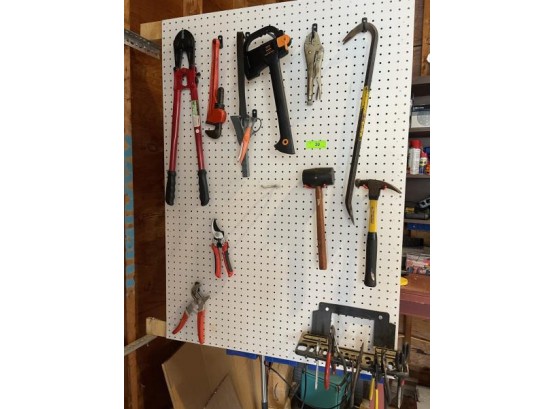 Lot - Tools - Pittsburg Bolt Cutters, 14' Wrench, Fiskars Hatchet, Ace Pruners, Mallet, Crowbar, Hammer