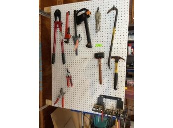 Lot - Tools - Pittsburg Bolt Cutters, 14' Wrench, Fiskars Hatchet, Ace Pruners, Mallet, Crowbar, Hammer
