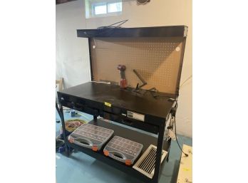 Multipurpose Work Bench With Light And Outlet, Chicago Electric Drill And 2 Plastic Cases For Hardware