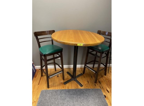 Round High Top Wood Table With Metal Base & Two Bar Stools