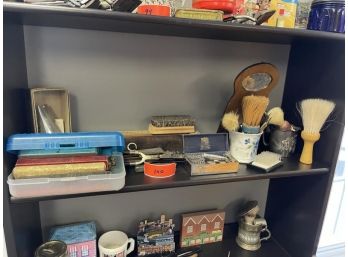 Contents Of Shelf Of Vintage Barber Items